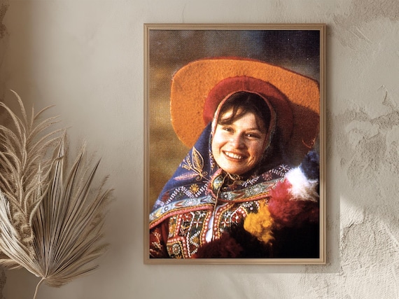 Peru Andean Woman Smiling Embroidered Dress Festive Hat Vintage Poster