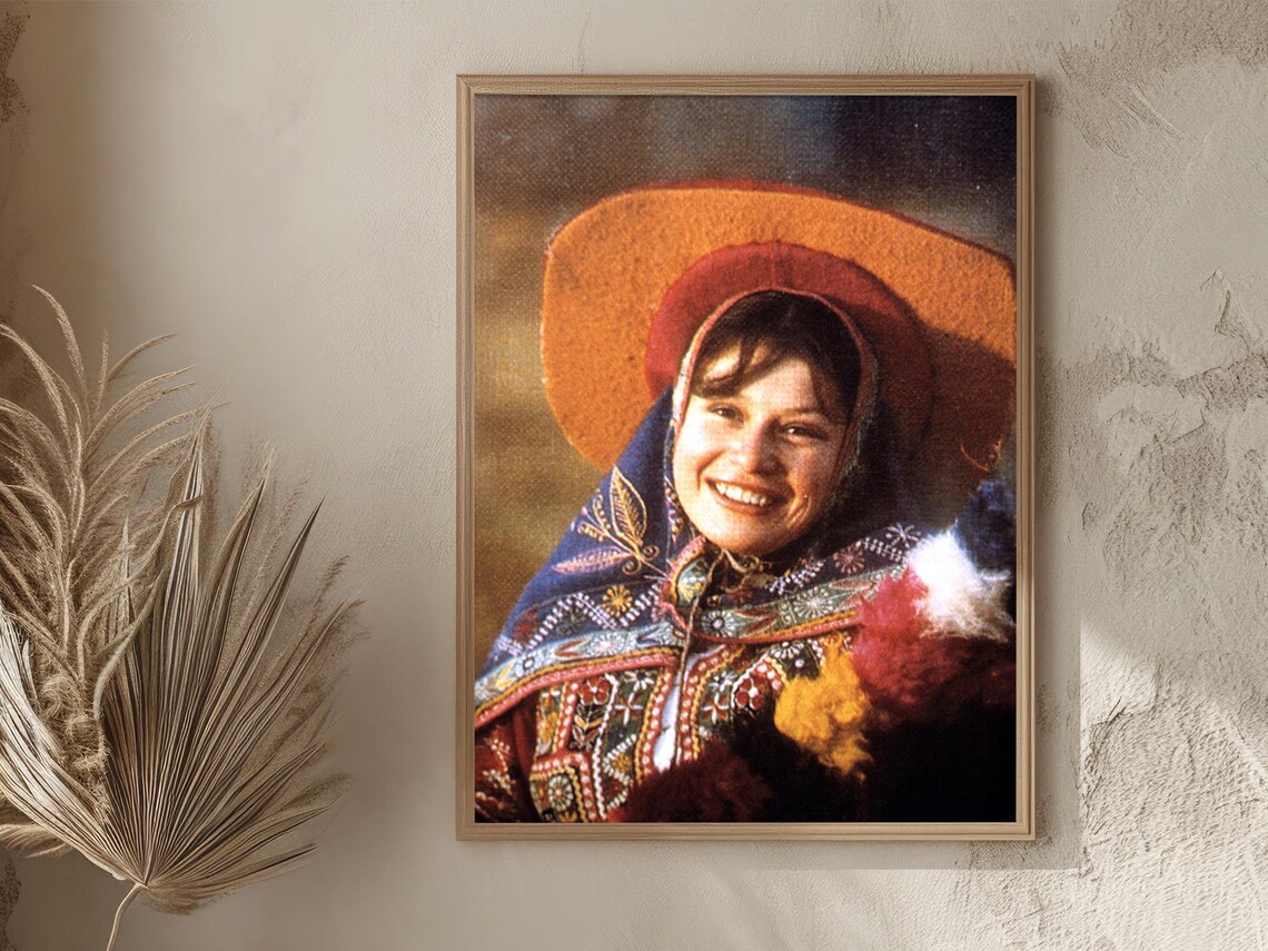 Peru Andean Woman Smiling Embroidered Dress Festive Hat Vintage Poster