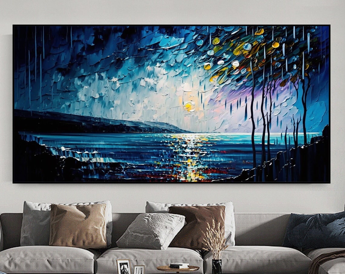 Moonlit Ocean Night with Willow Branches Oil Painting Art Print