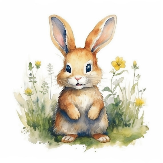 Happy Baby Rabbit Watercolor Meadow Flowers Nursery Wall Art