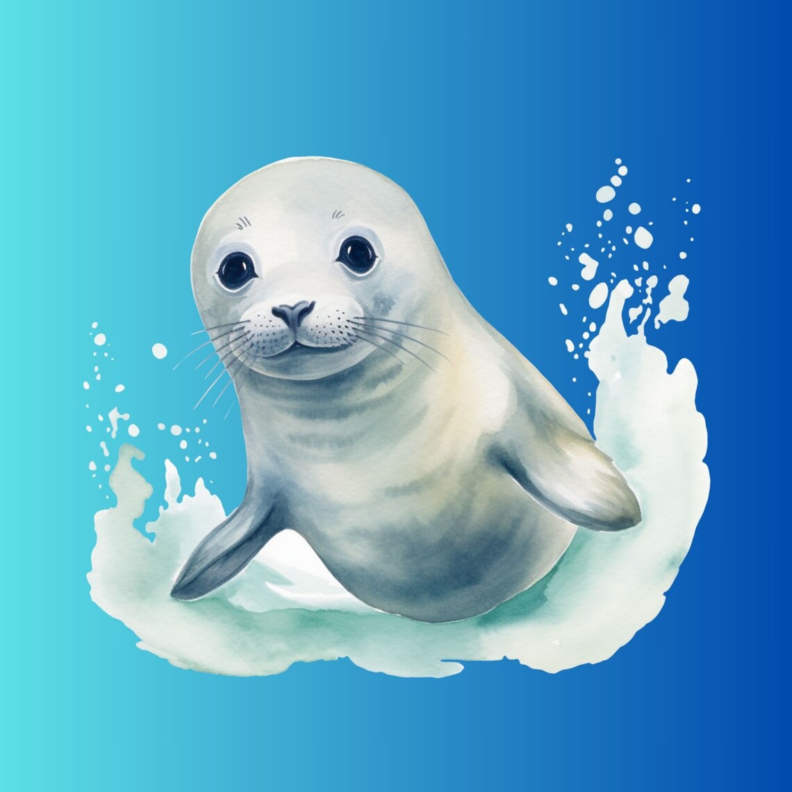 Sweet Baby Seal Watercolor Splash Ocean Waves Nursery Animal Poster - Image 2