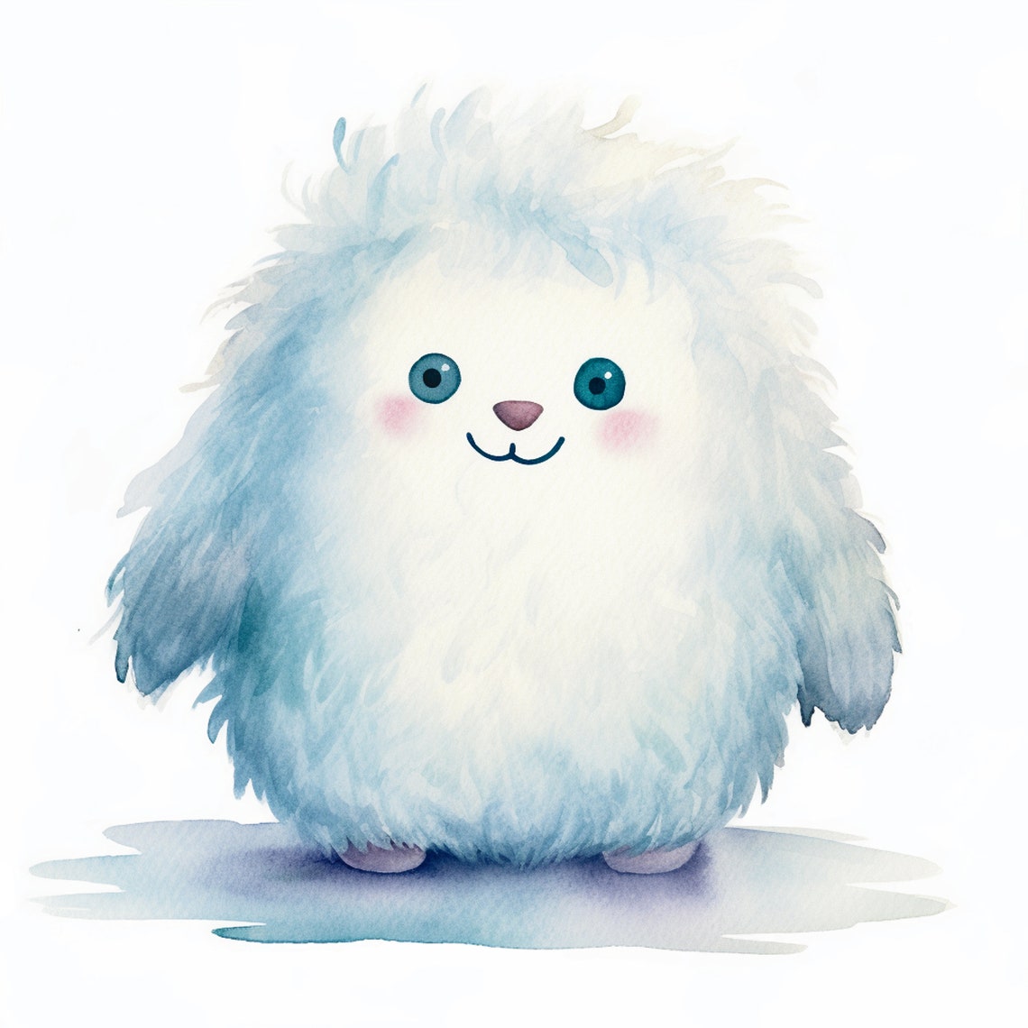 Fluffy White Monster Watercolor Blue Eyes Nursery Animal Poster