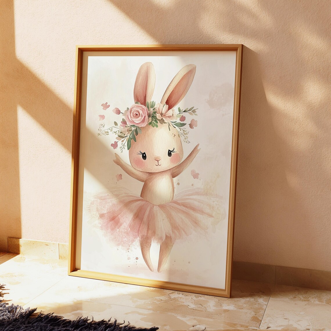 Bunny Ballerina in Pink Tutu with Floral Crown Nursery Watercolor Poster