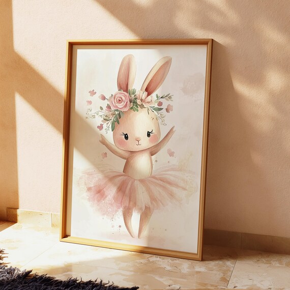 Bunny Ballerina in Pink Tutu with Floral Crown Nursery Watercolor Poster