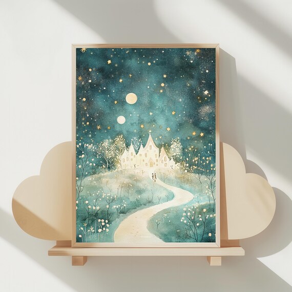 Starry Night Fairytale Castle with Two Moons Watercolor Poster