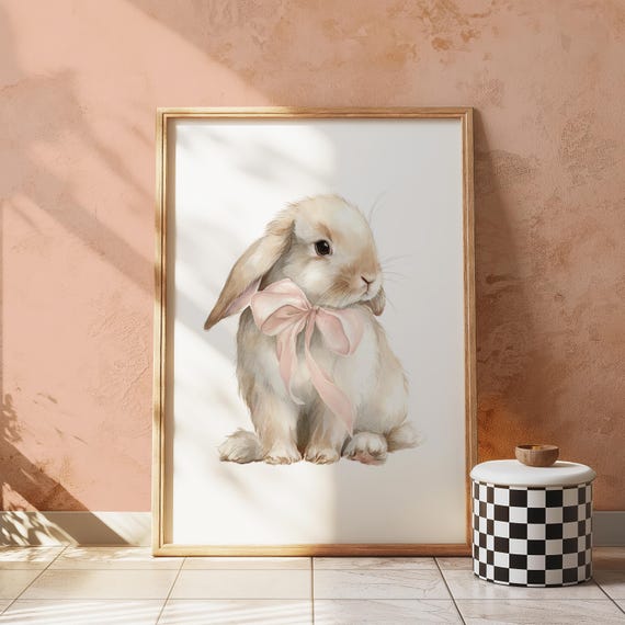 Baby Bunny With Pink Bow Print Instant Watercolor Nursery Animal Art Whimsical Kids Room Wall Decor 219