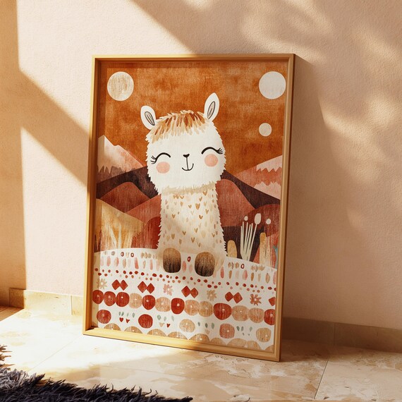 Whimsical Boho Llama With Desert Mountains Rustic Nursery Poster