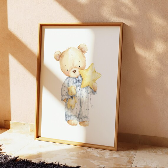 Watercolor Sleepy Teddy Bear Wall Art Cute Nursery Instant Pajama Hugging Moon Baby Room 138