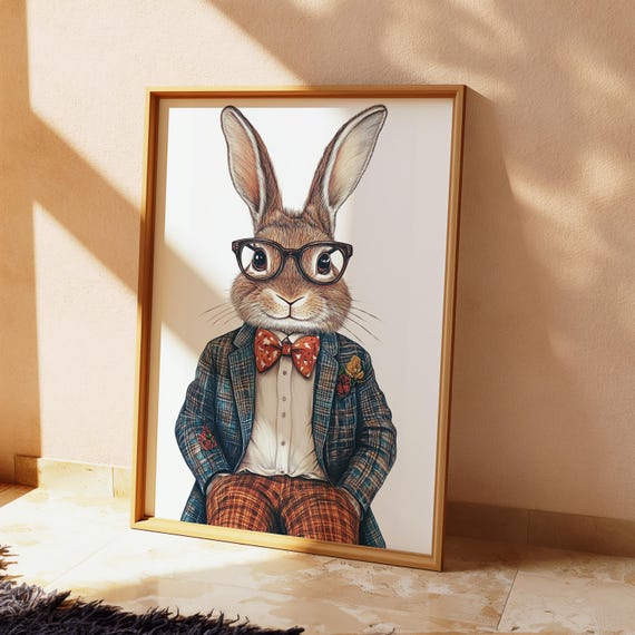 Quirky Dressed Rabbit Wall Art Hipster Bunny In Glasses And Bow Tie Animal Print For Nursery Or Home 123