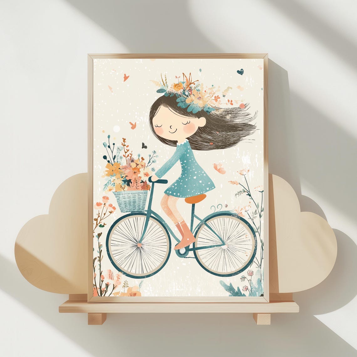 Whimsical Girl Riding Bicycle With Flower Basket Kids Room Poster