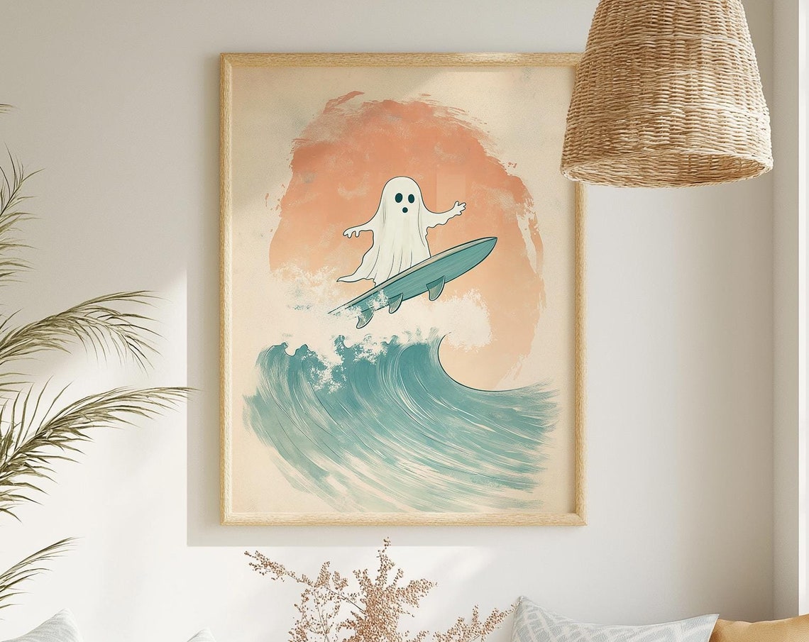 Cute Ghost Surfing Sunset Wave Halloween Beach Decor Wall Art - Image 3