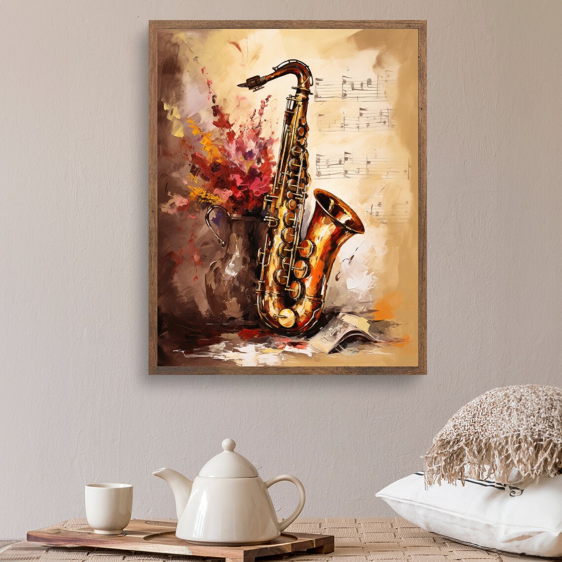 Golden Saxophone Still Life Oil Painting Flowers Sheet Music Poster - Image 2