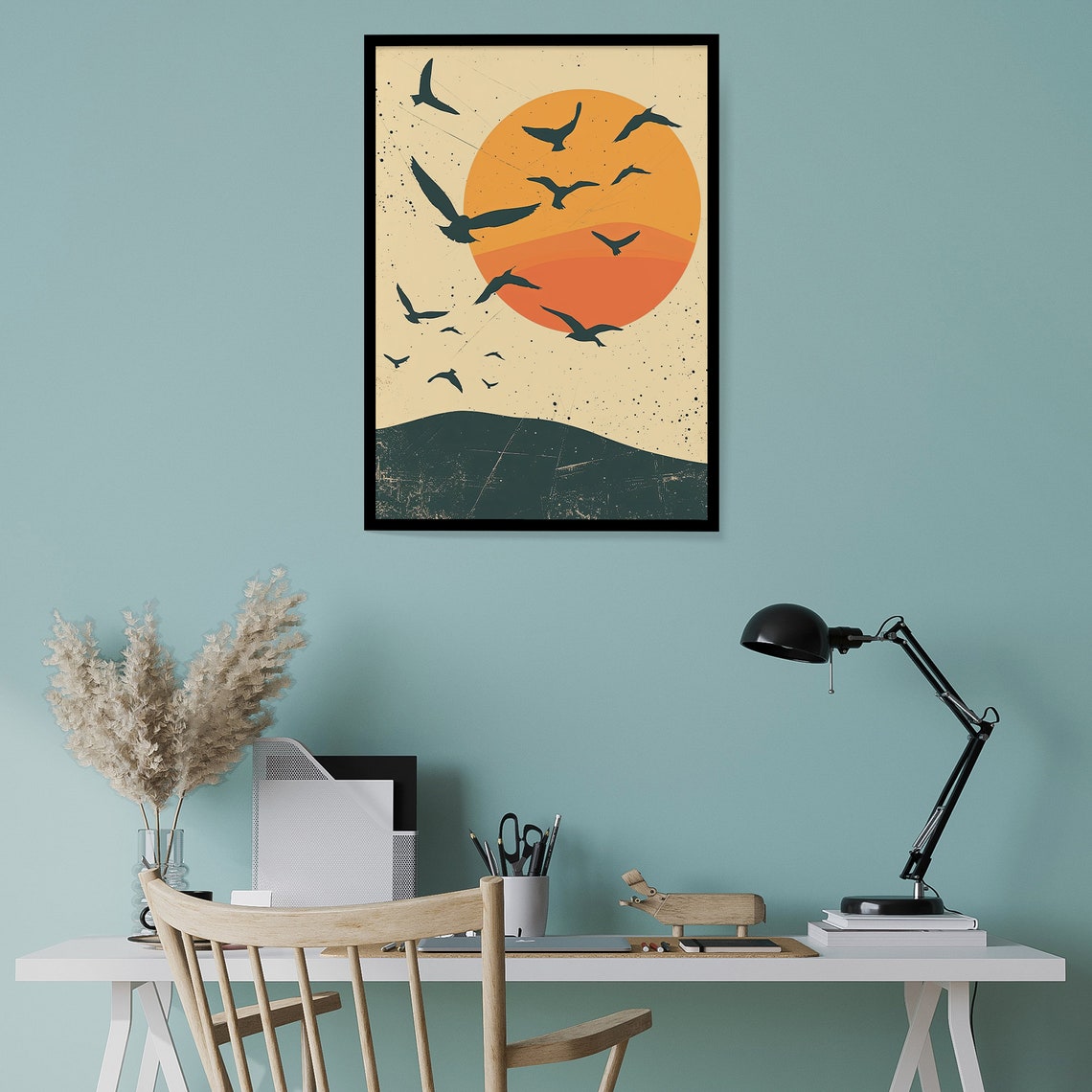 Flock Of Birds Flying Over Large Orange Sun Sunset Minimal Poster - Image 5