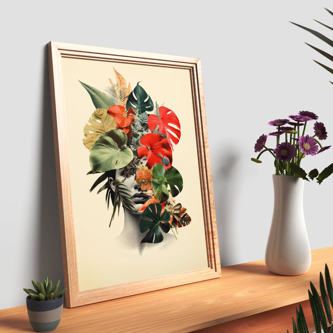 Tropical Monstera Leaves Woman Face Botanical Collage Poster - Image 6