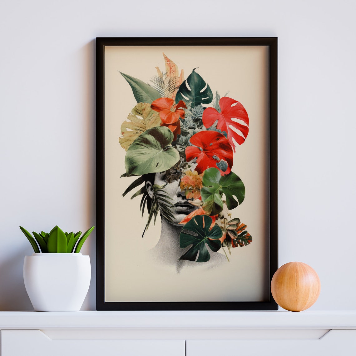 Tropical Monstera Leaves Woman Face Botanical Collage Poster - Image 7