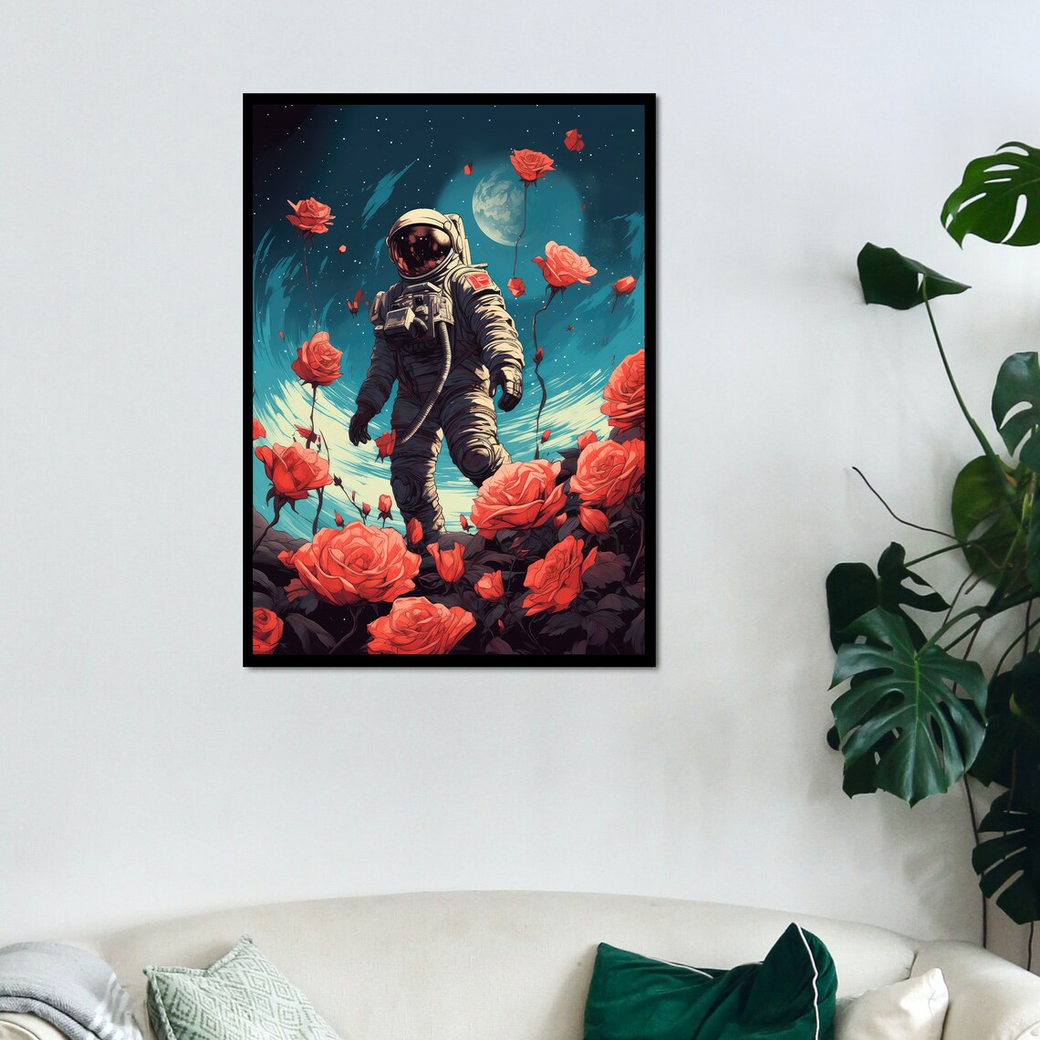 Astronaut Walking Among Giant Red Roses Space Fantasy Art Poster - Image 2