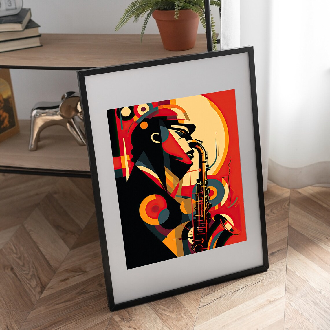 Geometric Saxophonist Red Black Orange Abstract Music Poster - Image 3