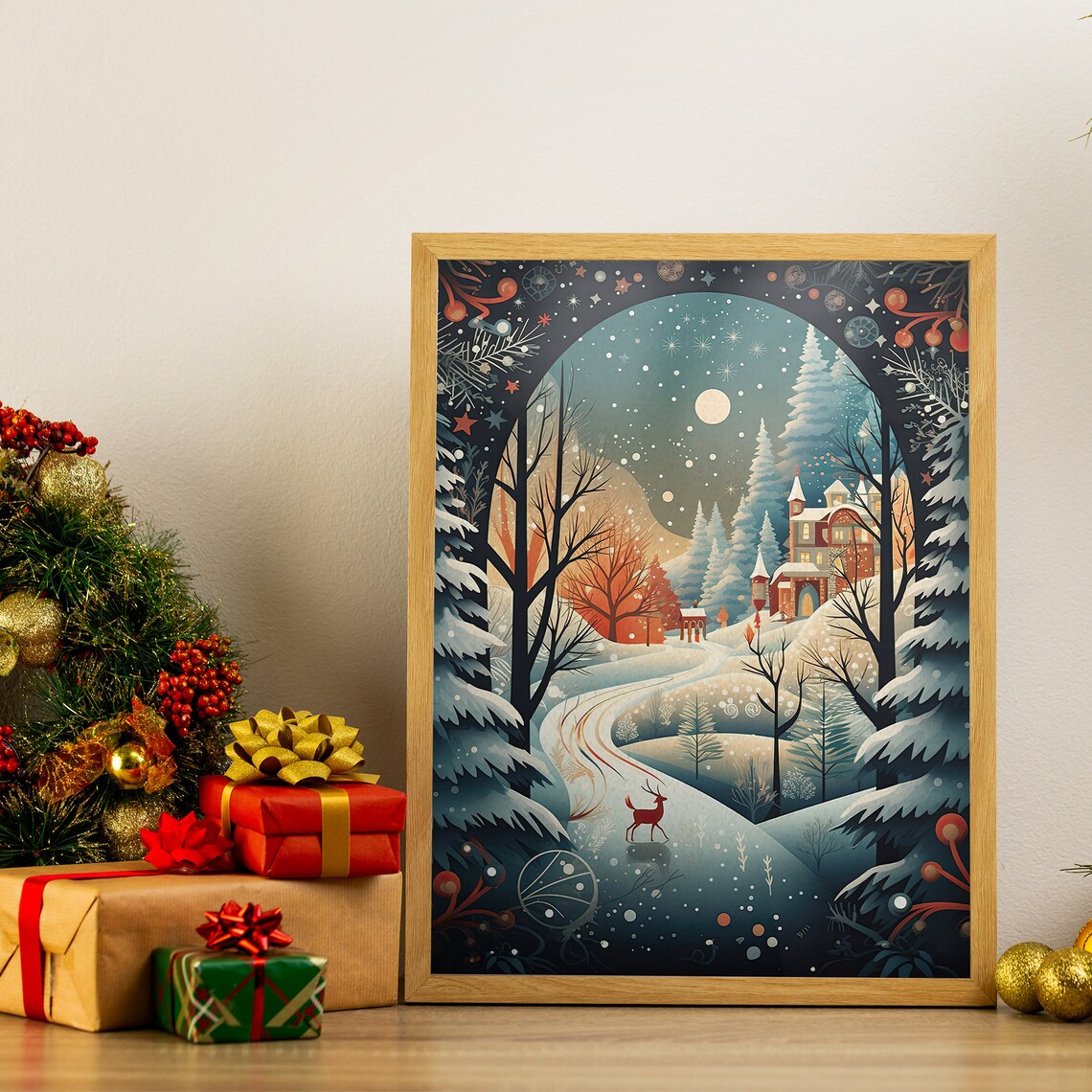 Winter Wonderland Deer Cabin Snowy Forest Moonlit Night Poster - Image 5