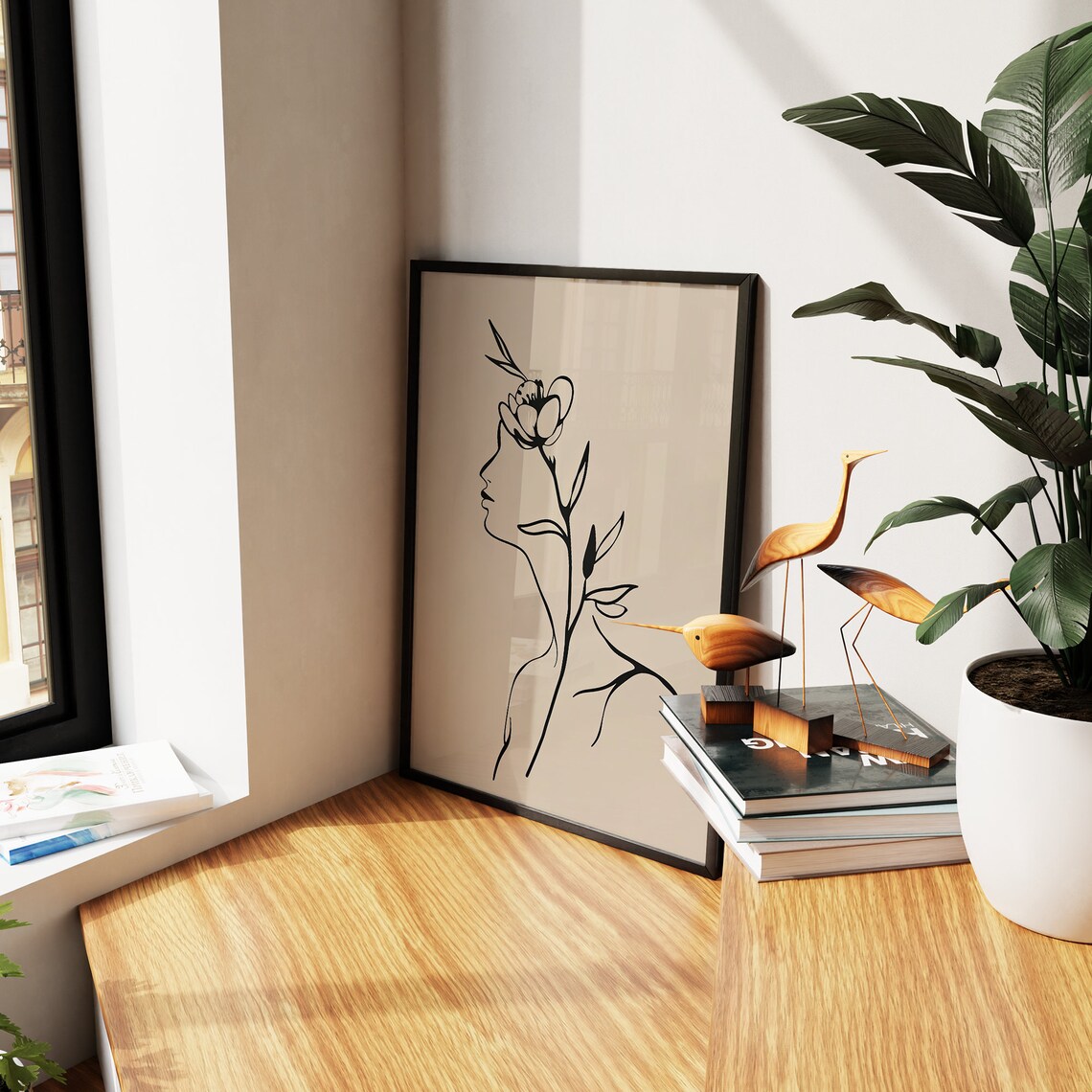 Minimalist Line Art Woman Profile with Flower Beige Art Poster - Image 7