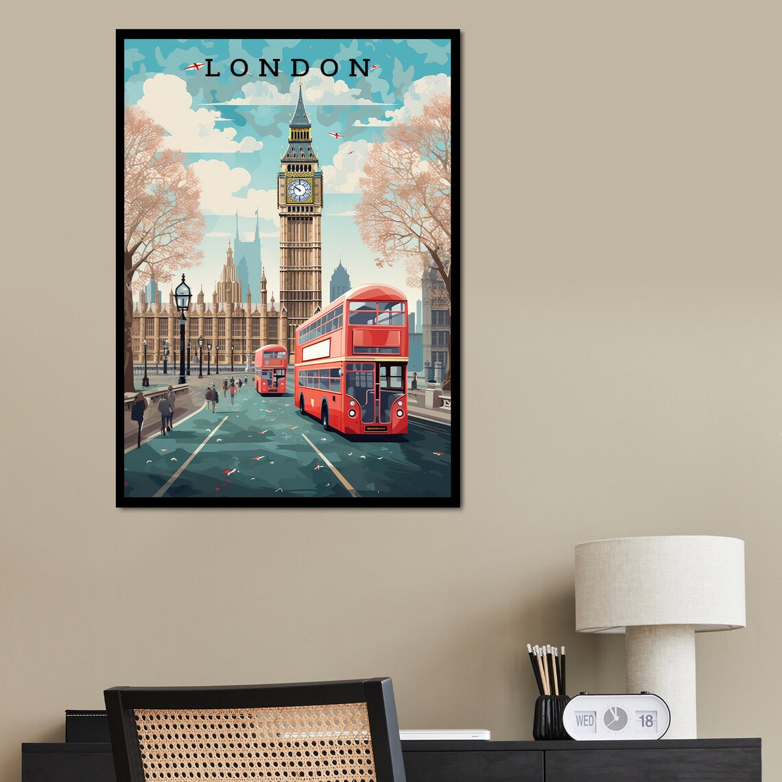 London Big Ben Red Double Decker Bus Westminster Travel Poster Art - Image 2