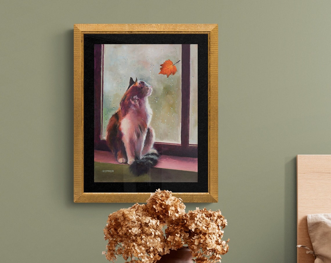 Calico Cat Watching a Falling Orange Leaf in the Rain Poster - Image 5