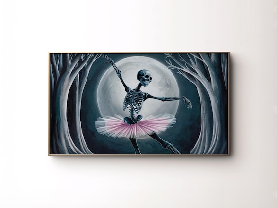 Skeleton Ballerina Pink Tutu Full Moon Dark Forest Halloween Art Poster