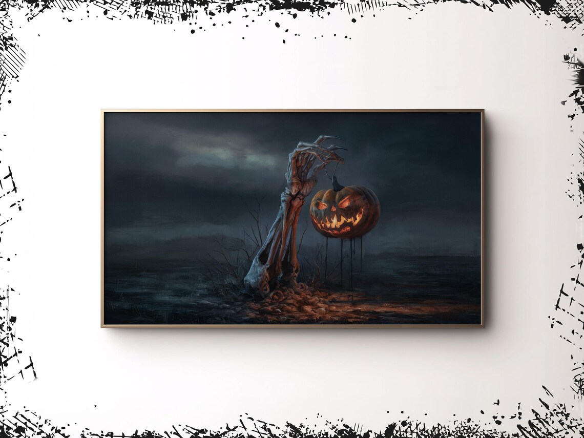 Skeleton Hand Holding Jack O Lantern Dark Stormy Halloween Night Poster
