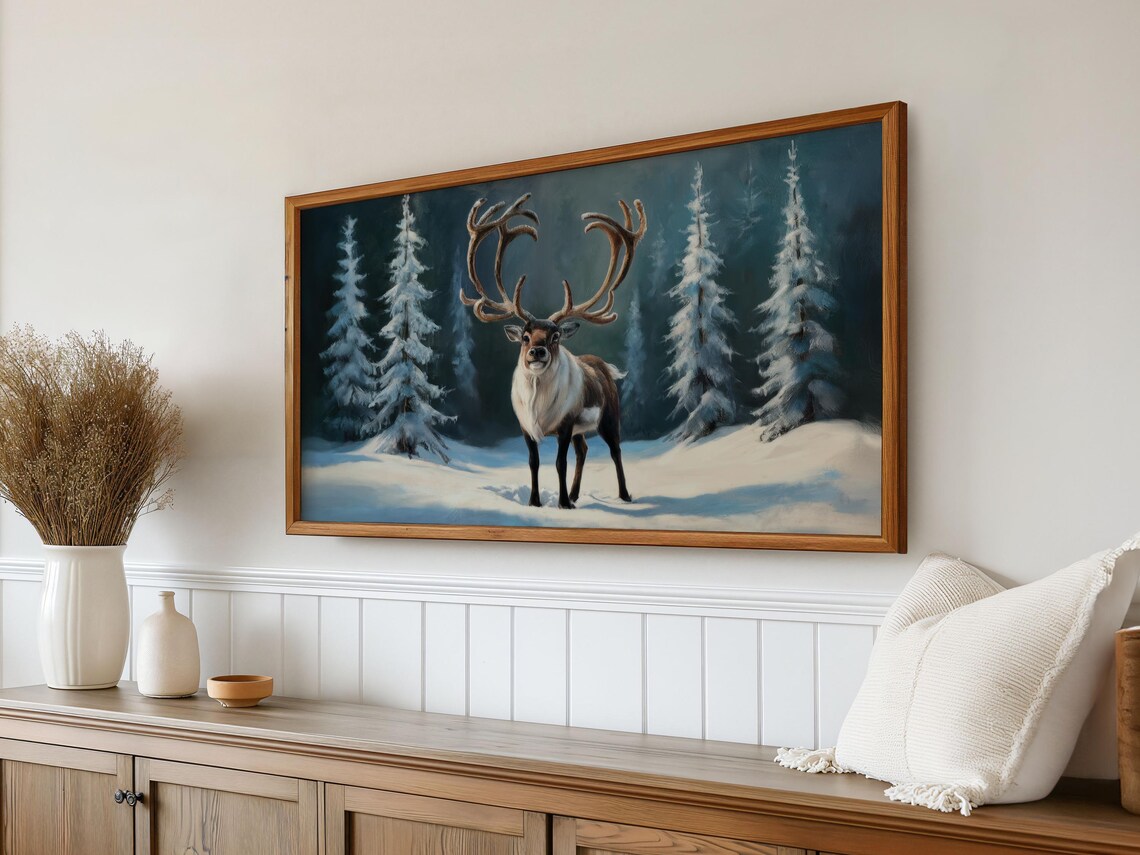 Reindeer Snowy Pine Forest Nordic Winter Landscape Painting Art Poster
