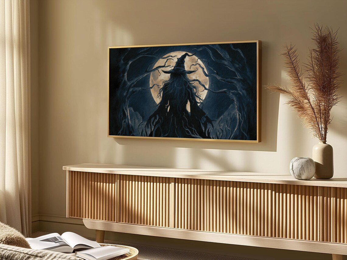 Witch Silhouette Full Moon Twisted Trees Dark Muted Halloween Art Poster - Image 3