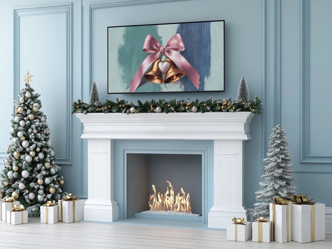 Golden Christmas Bells Pink Satin Bow Teal Background Holiday Poster - Image 2