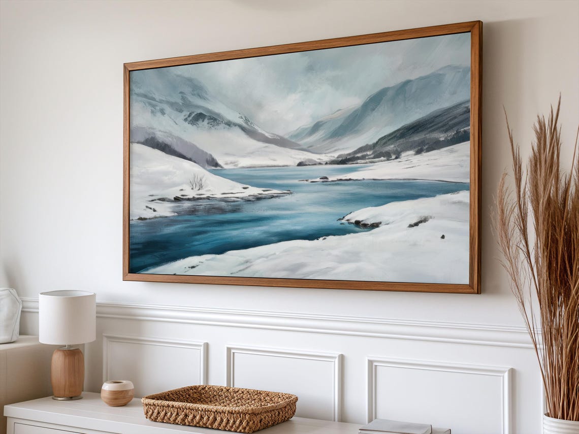 Snowy Mountain Lake Teal Water Misty Peaks Winter Landscape Poster