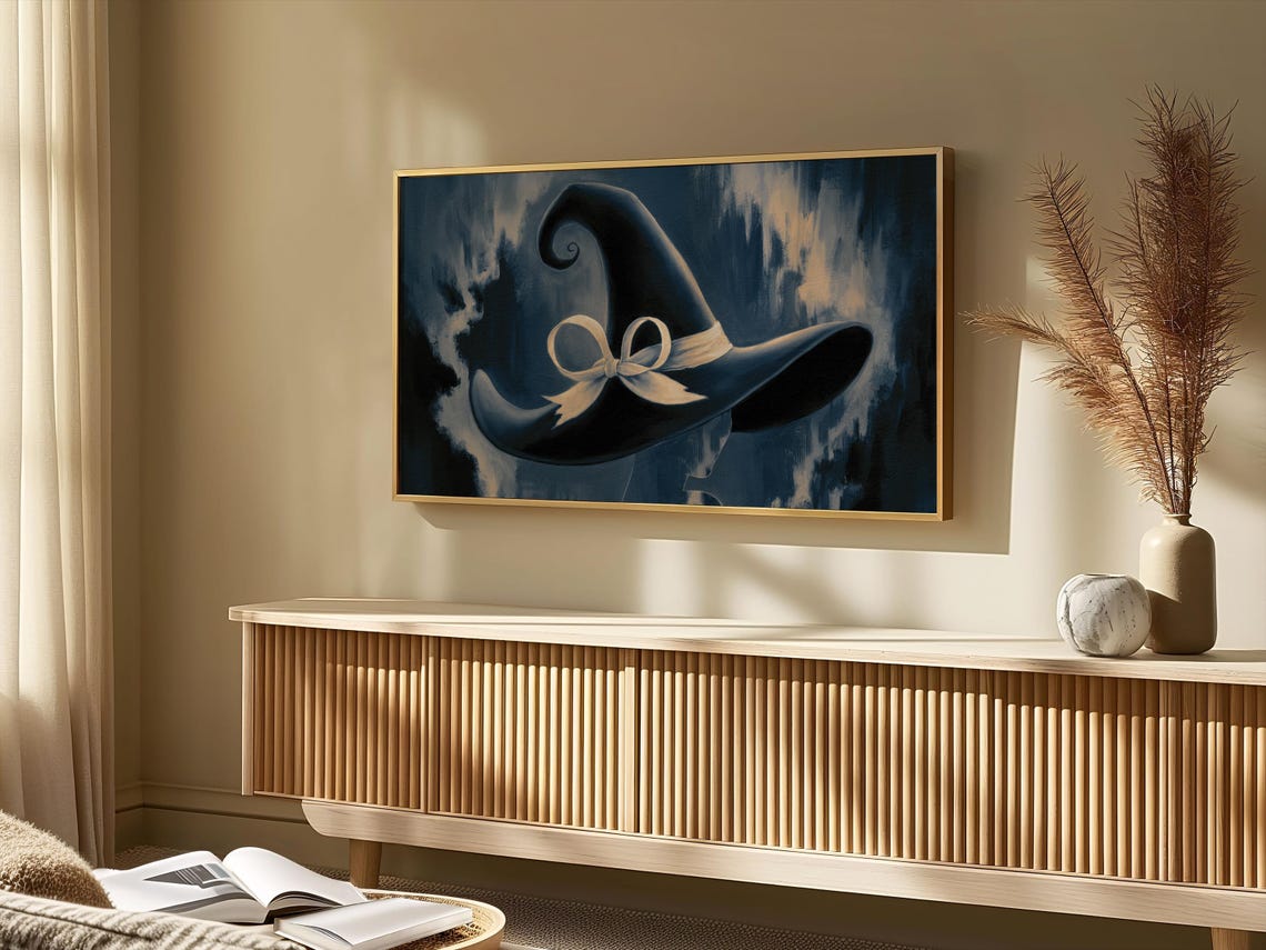 Black Witch Hat Cream Bow Dark Moody Navy Halloween Witchy Art Poster - Image 4
