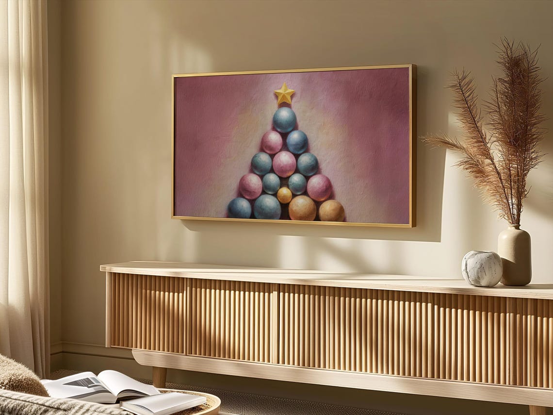 Pastel Ornament Christmas Tree Gold Star Pink Background Poster - Image 3
