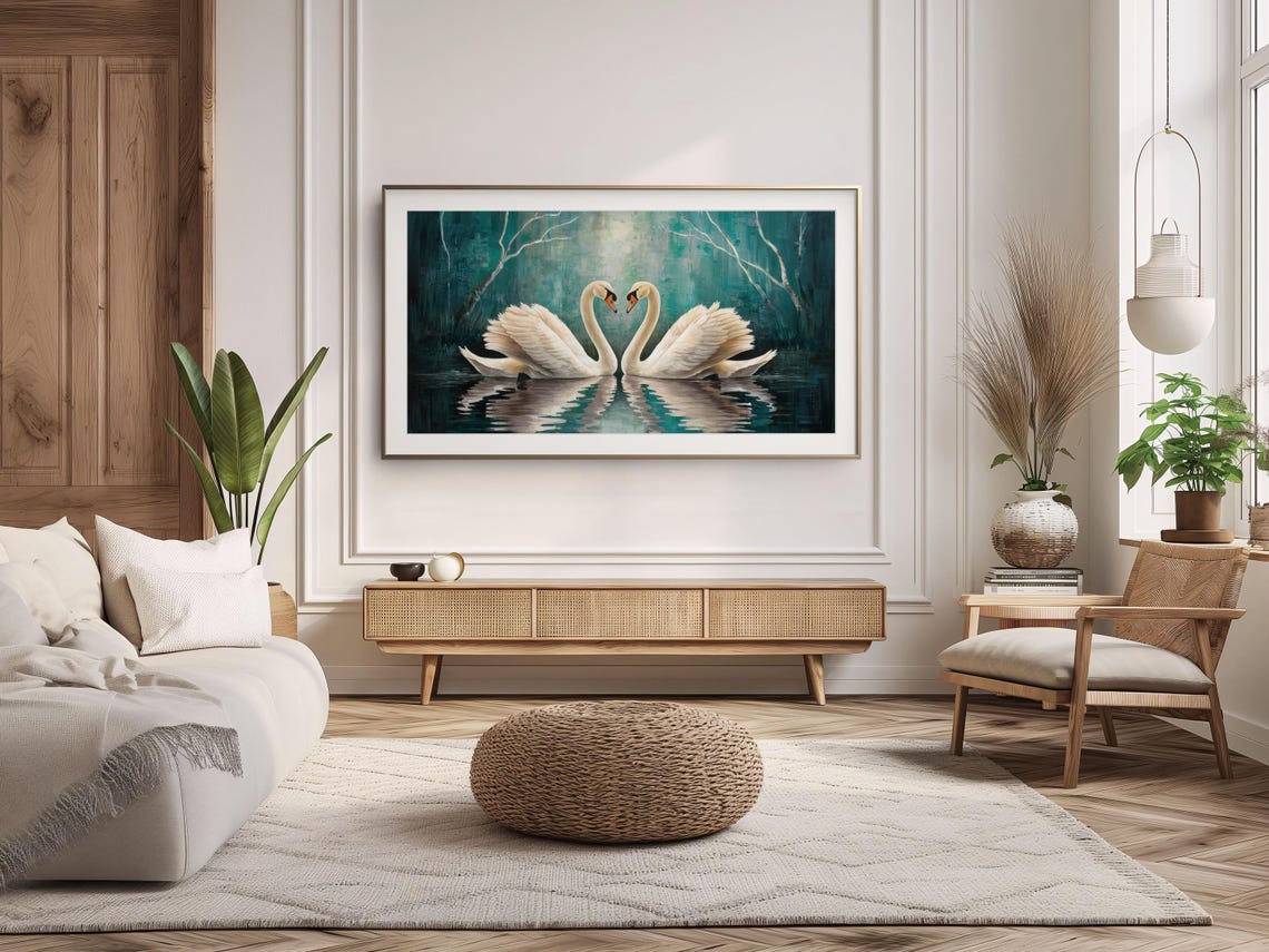 White Swans Heart Necks Teal Winter Lake Romantic Painting Poster - Image 3