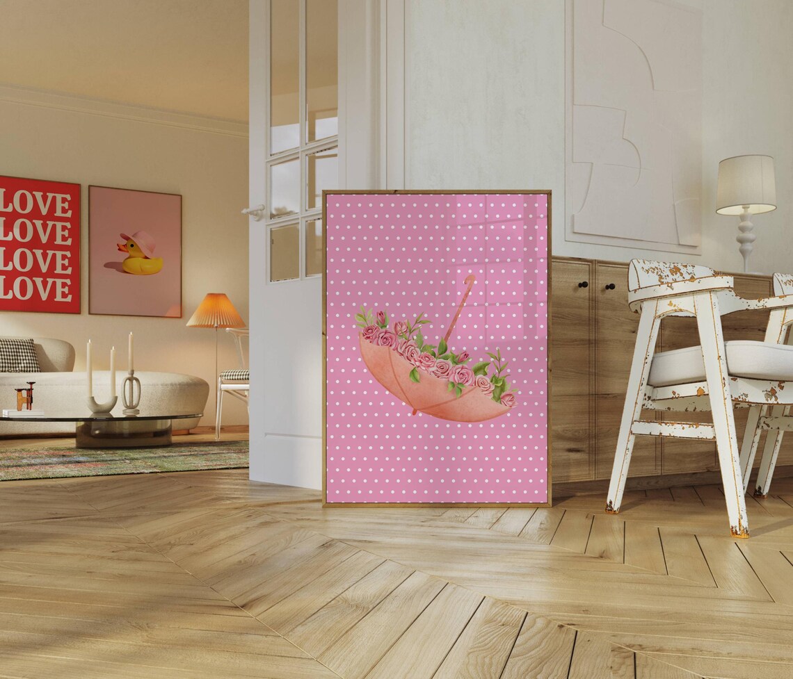 Pink Rose Umbrella Whimsical Floral Polka Dot Dreamy Art Poster