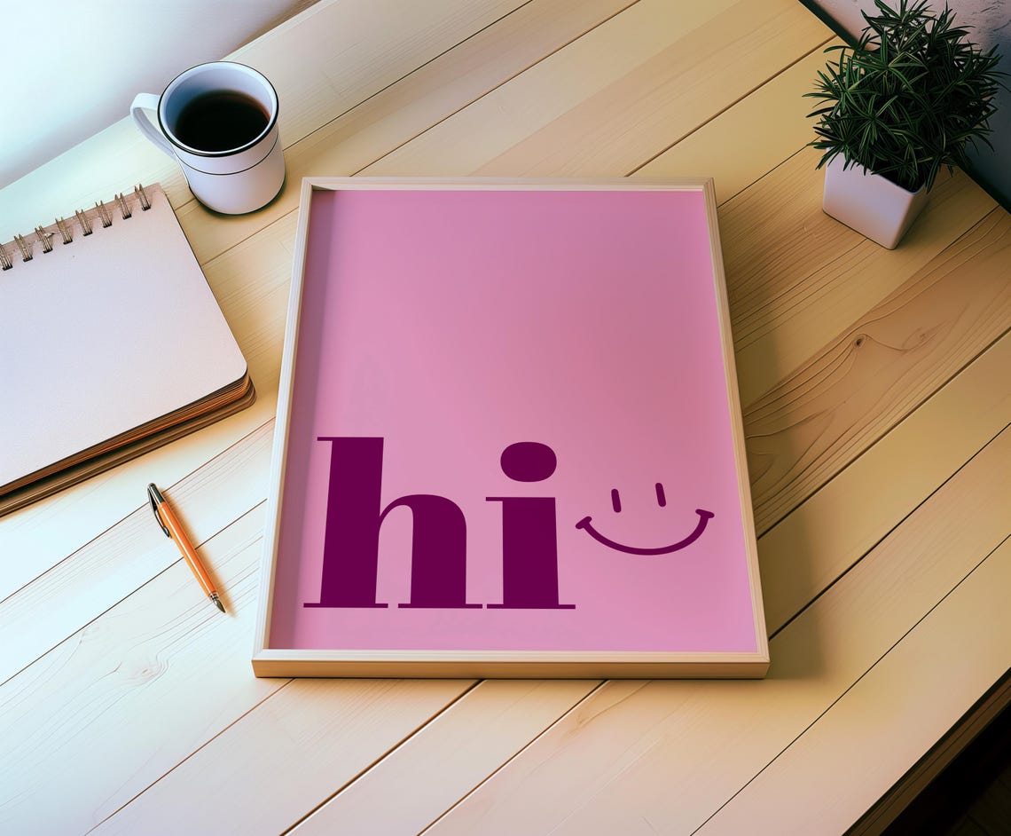 Hi Smiley Face Pink Minimalist Cheerful Happy Greeting Wall Art - Image 3