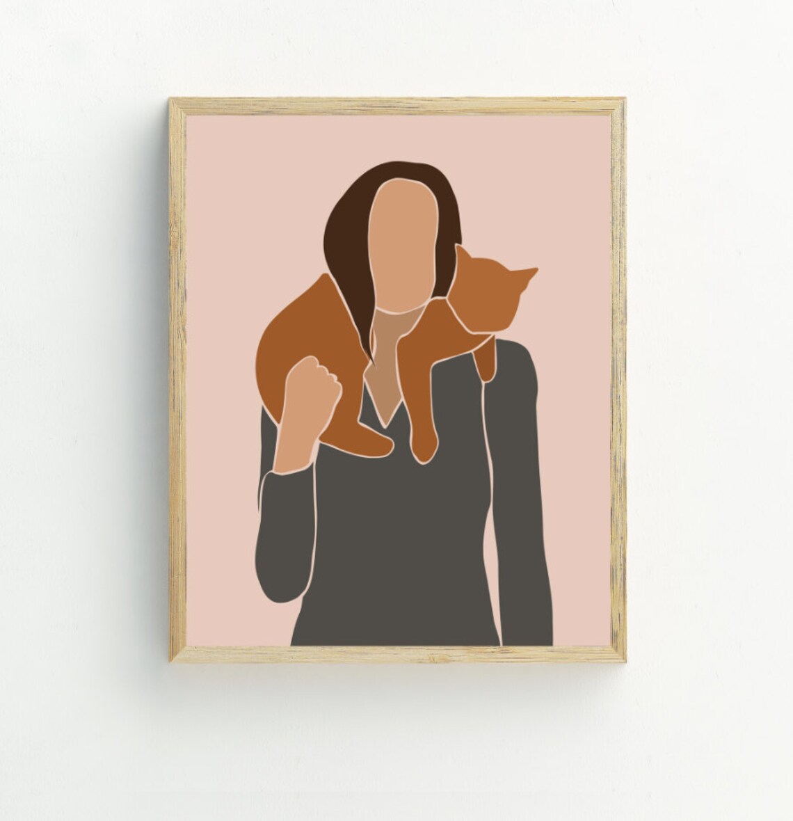 Woman Holding Ginger Cat Minimalist Modern Boho Pet Lover Wall Art Print - Image 2