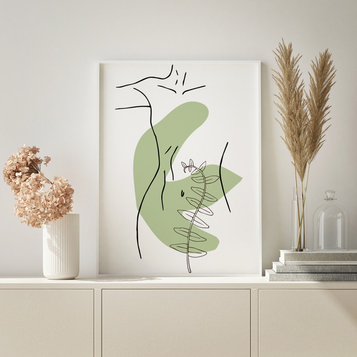 Abstract Female Body Line Art with Sage Botanical Accents Poster - Image 2
