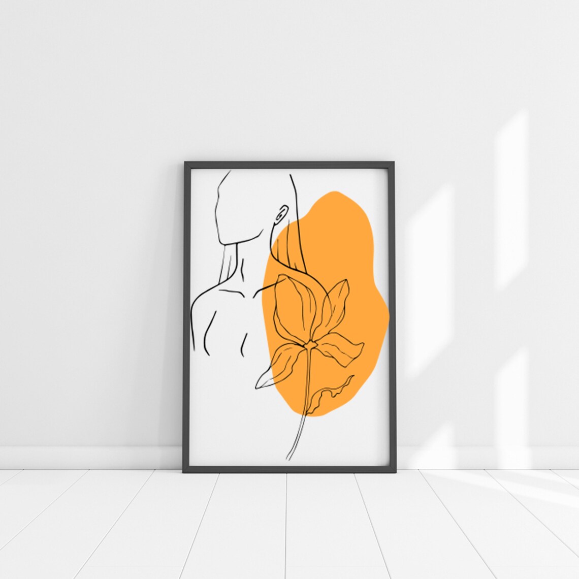 Feminine Line Portrait with Orange Abstract Flower Detail Wall Poster