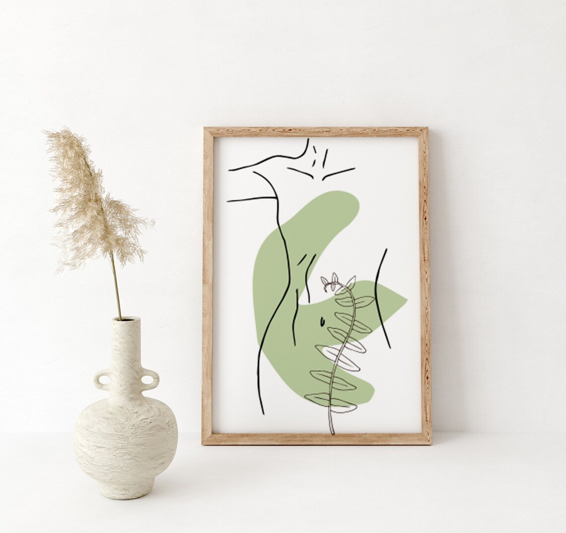 Abstract Female Body Line Art with Sage Botanical Accents Poster - Image 4