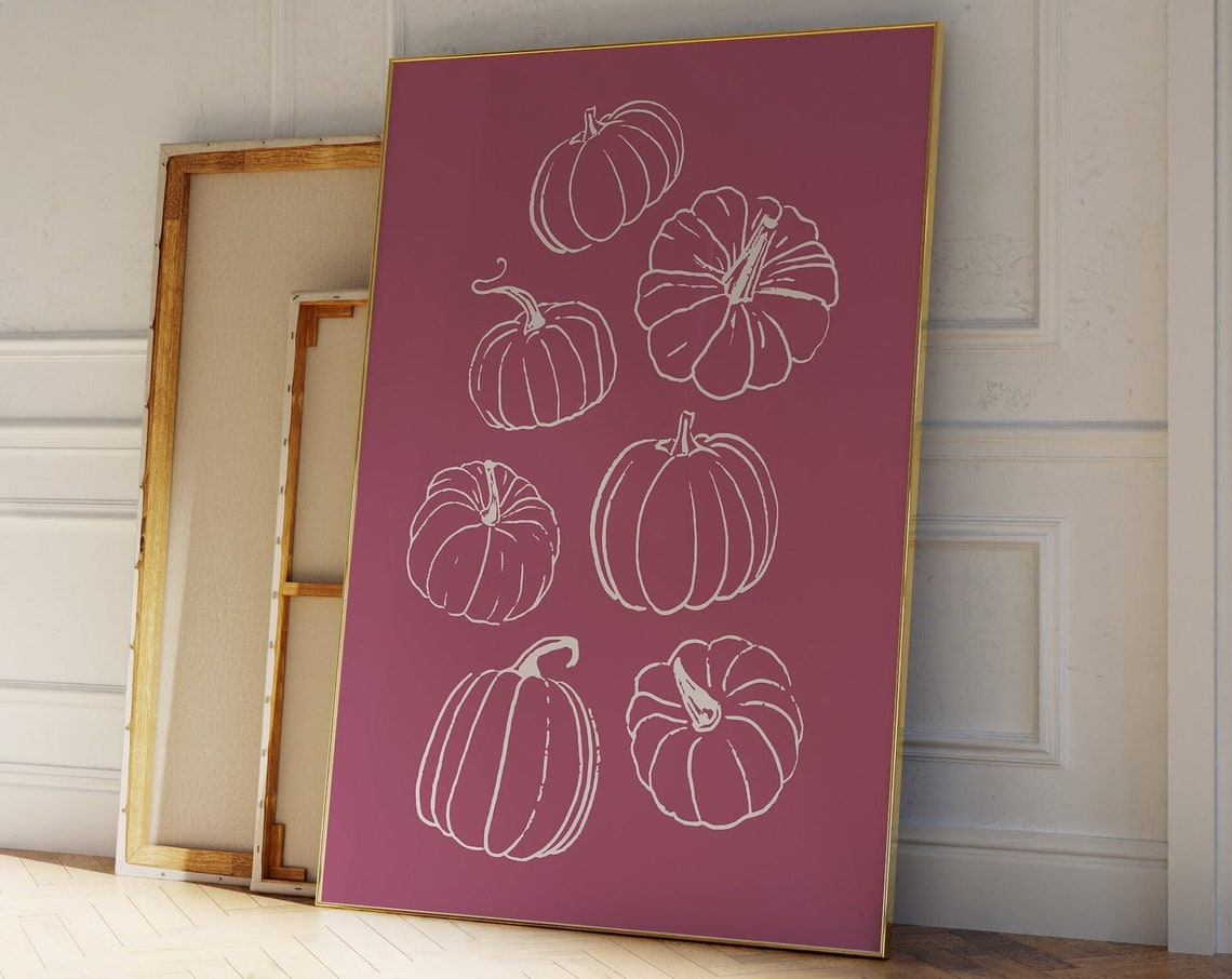 Pumpkins White Line Art Mauve Sketch Rustic Fall Wall Decor Poster - Image 4