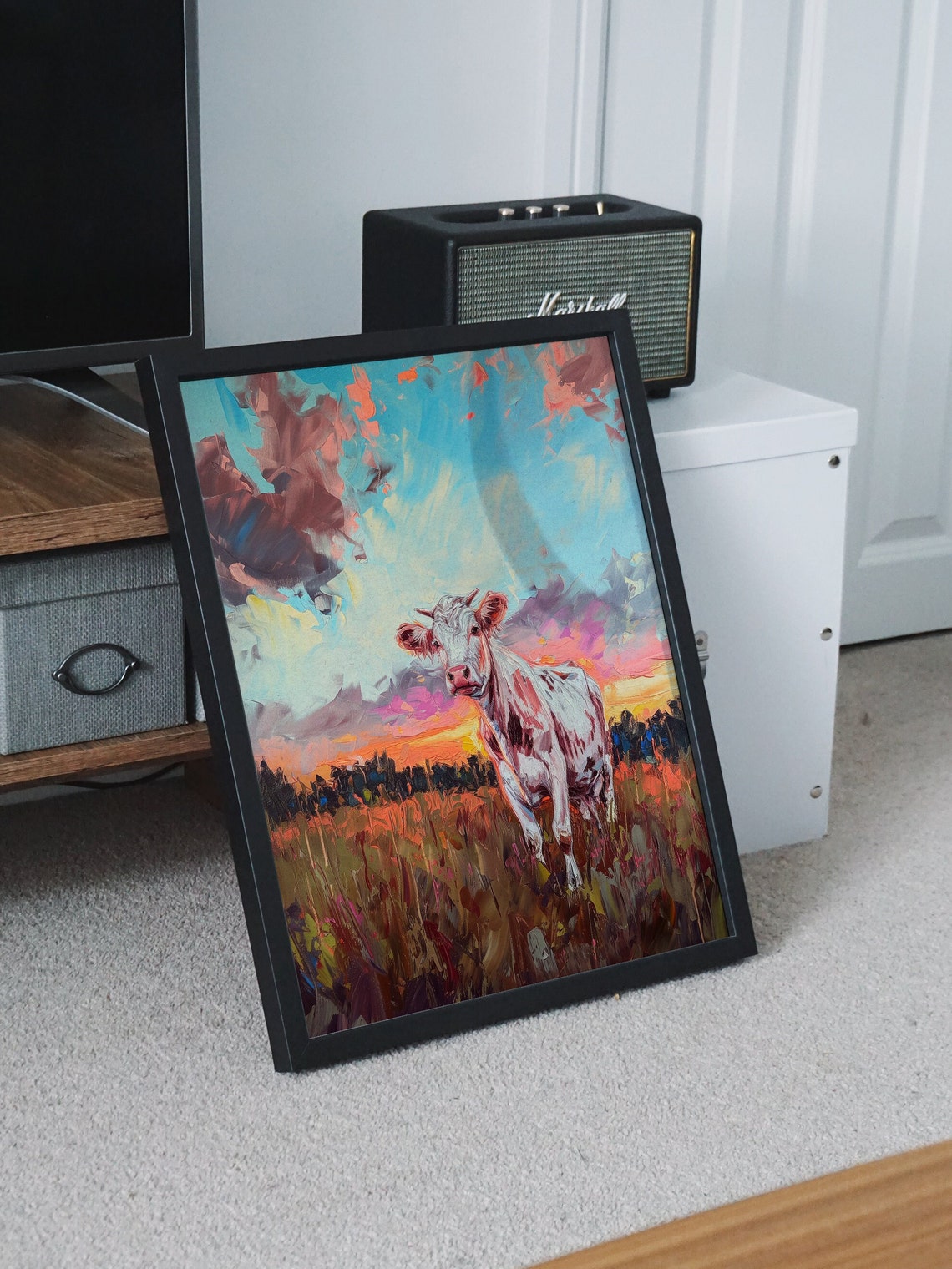 White Cow in Field at Sunset Impasto Oil Painting Farm Poster - Image 8
