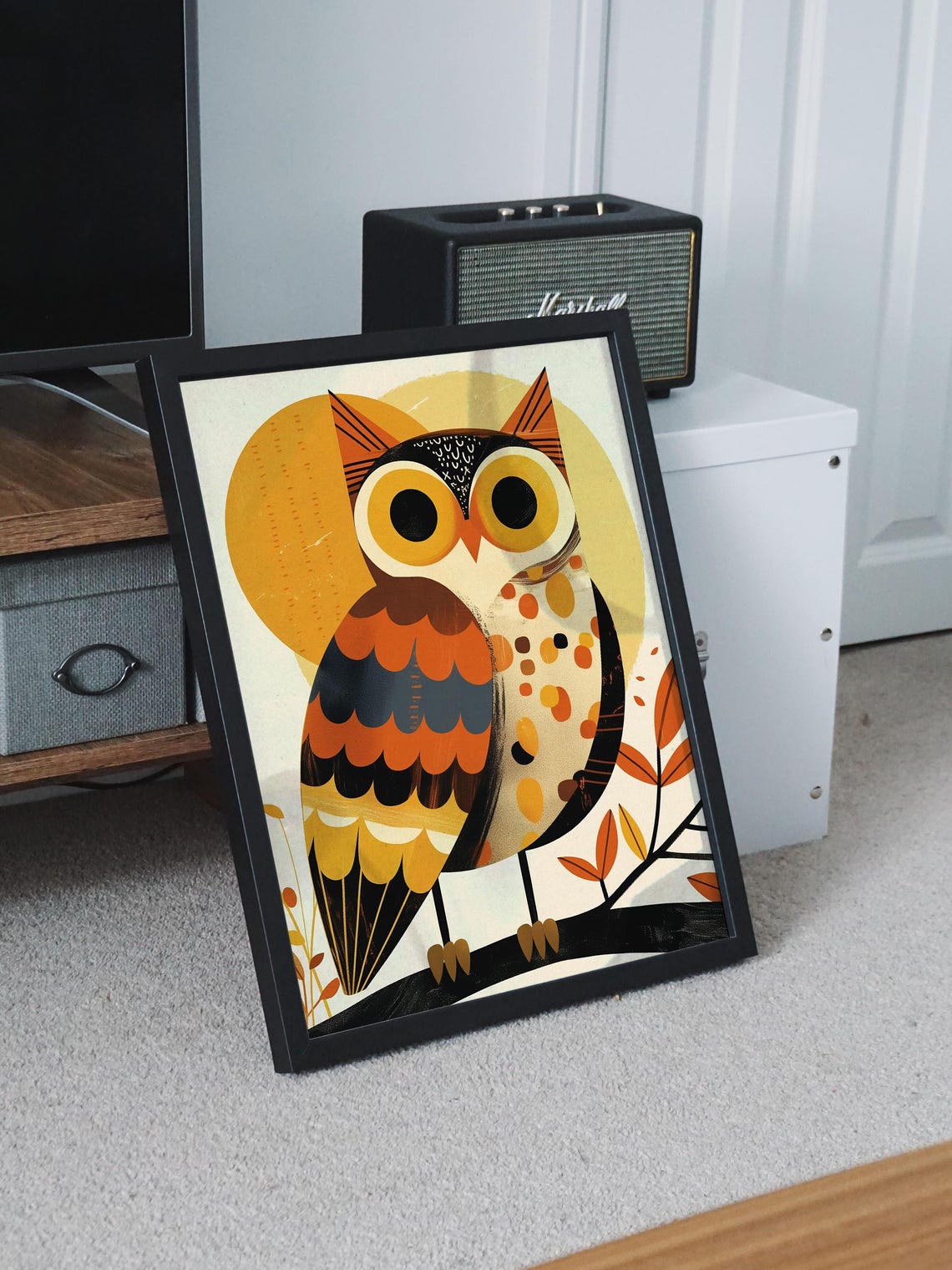 Whimsical Folk Art Owl on a Branch with a Warm Golden Sun Poster - Image 8