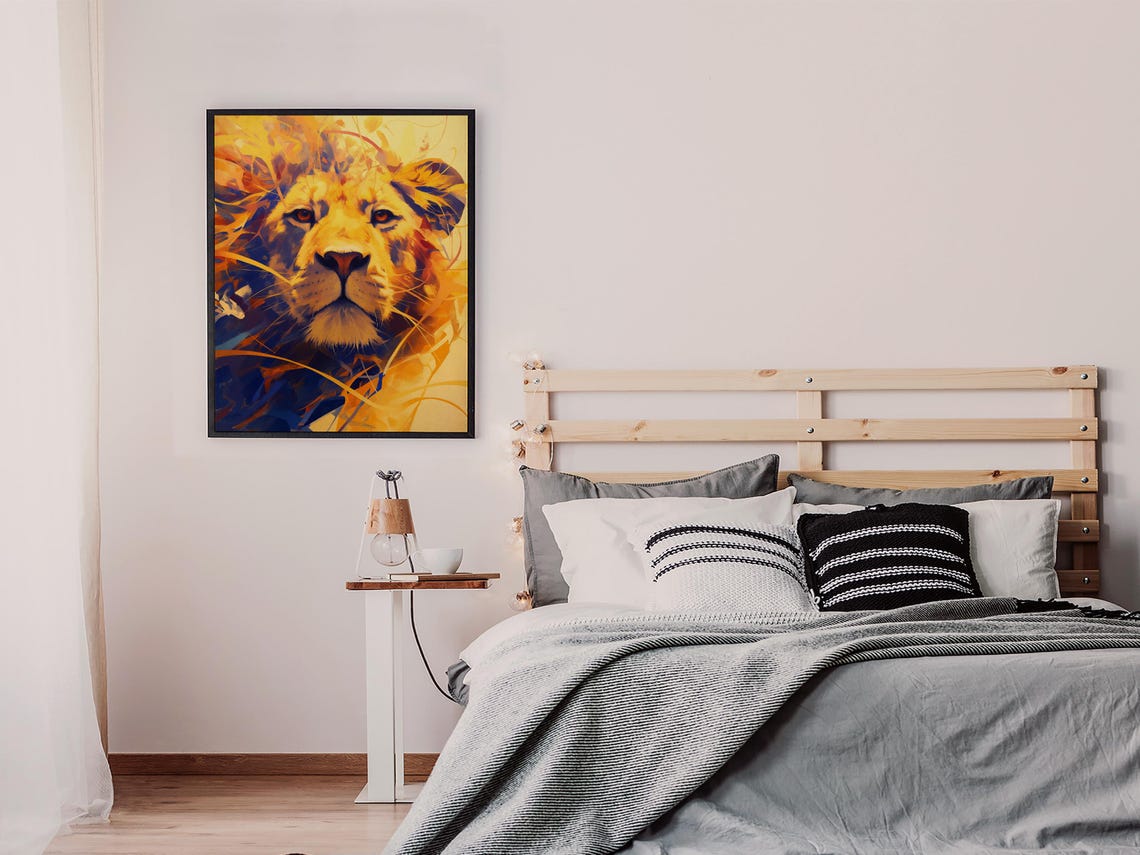Fierce Golden Lion Face in Dynamic Blue and Gold Strokes Poster - Image 7