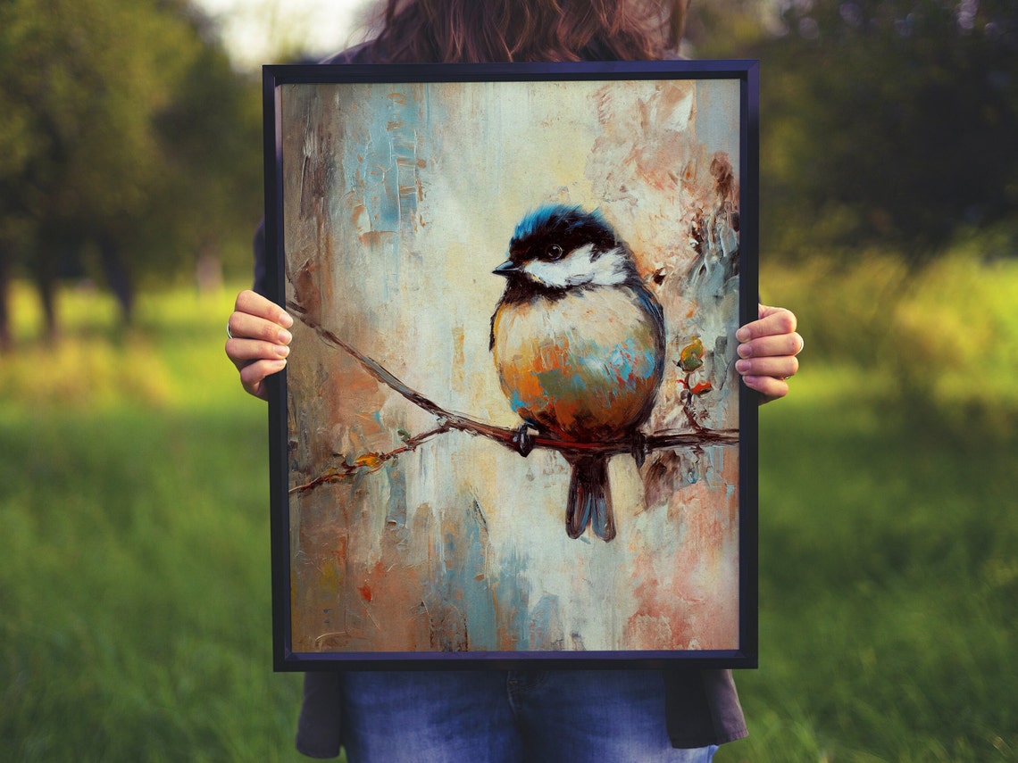Chickadee on Branch Impressionist Oil Painting Bird Art Poster - Image 8
