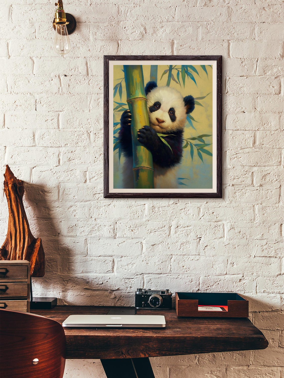 Baby Panda Peeking From Behind Bamboo in Warm Golden Light Art Poster - Image 4