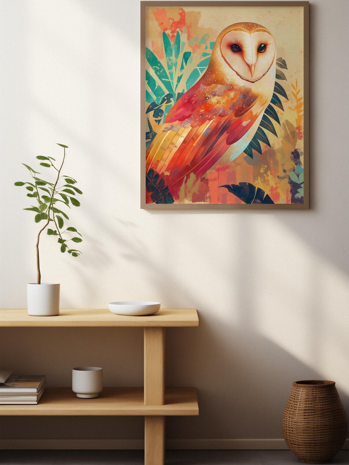 Stylized Barn Owl in Warm Sunset Tones with Tropical Leaves Poster - Image 8