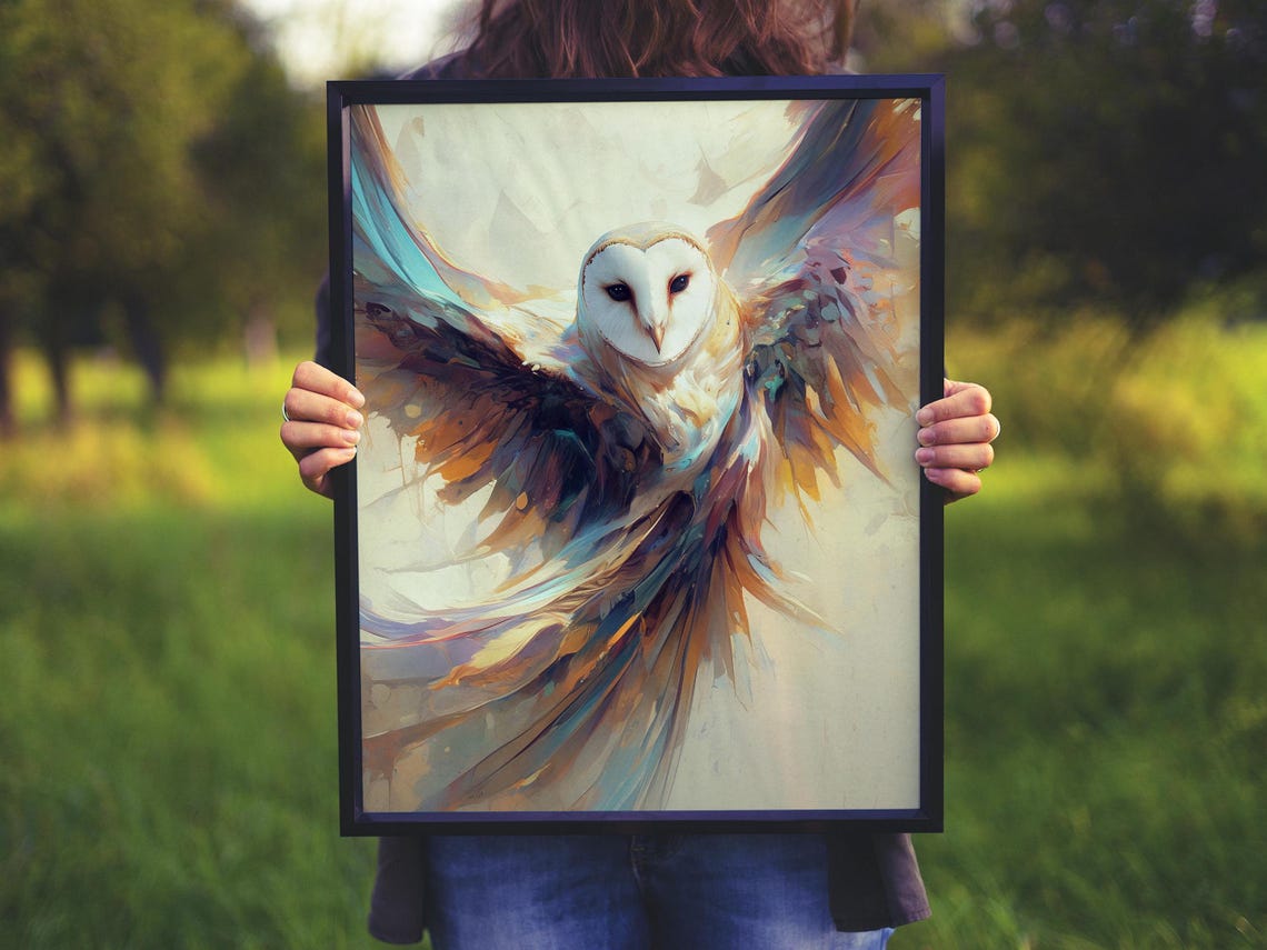 Soaring Barn Owl in Flight with Sweeping Abstract Wings Poster - Image 2