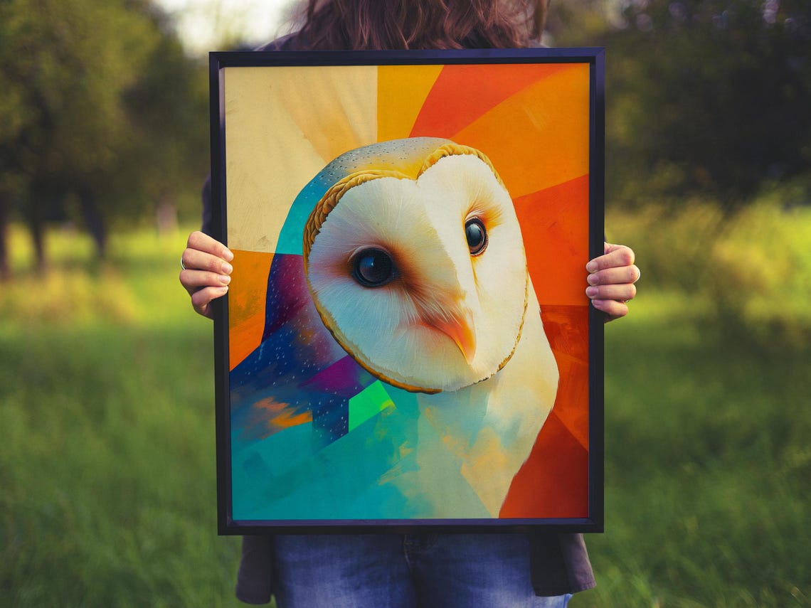 Barn Owl Face Close-Up With Orange and Teal Sunburst Colors Art Poster - Image 5