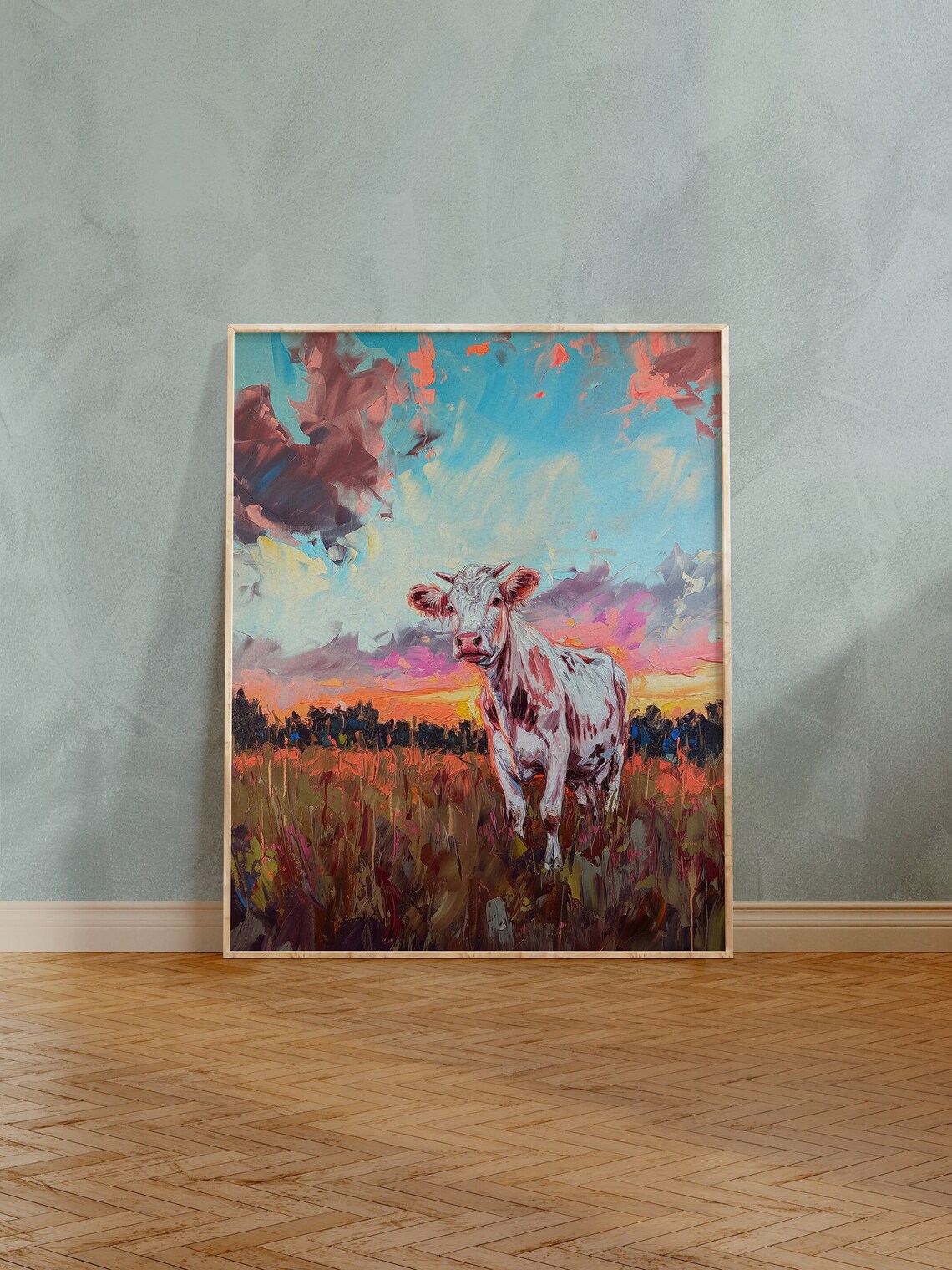 White Cow in Field at Sunset Impasto Oil Painting Farm Poster - Image 4